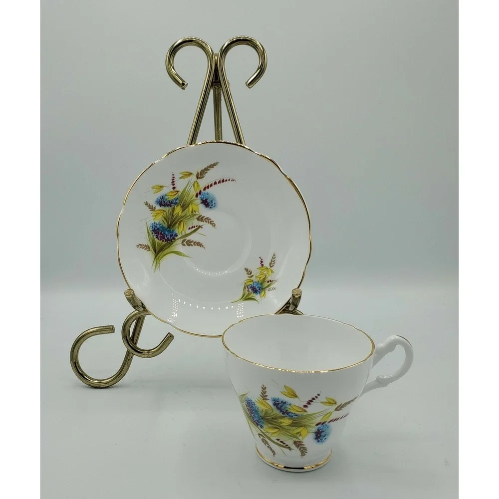 Royal Ascot Tea Cup‎ Saucer Wheat Blue Purple Flower Gold Rim Scallop Footed